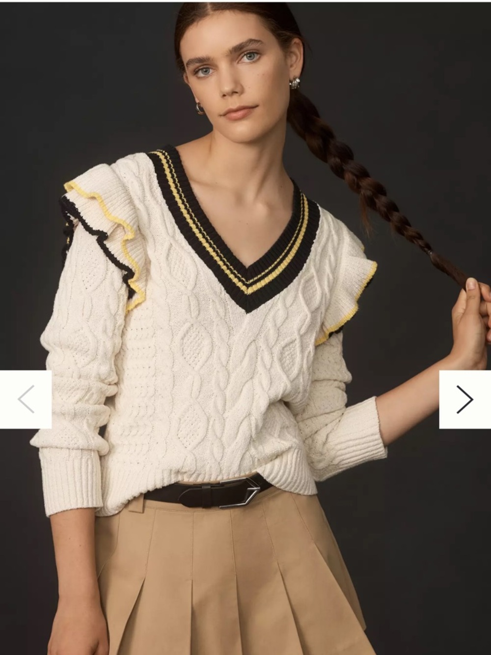 Anthropologie Maeve Cable Knit Sweater Women’s Ruffle Shoulder V-Neck Preppy XS